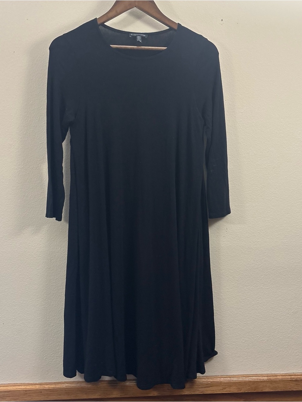 Eileen Fisher black jersey knit A-line dress women’s XS 3/4 sleeves quiet luxury